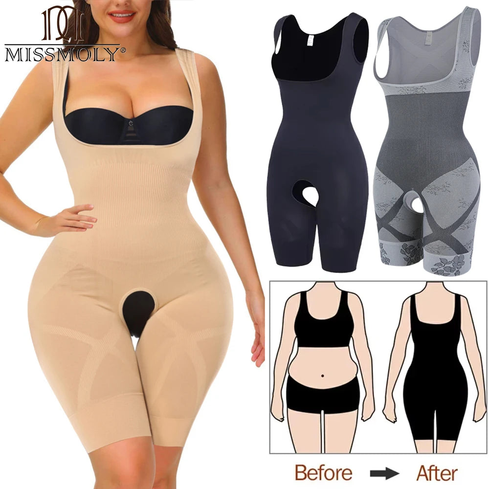 MISSMOLY women's full-body shapewear bodysuit with open crotch, corset design, and tummy control