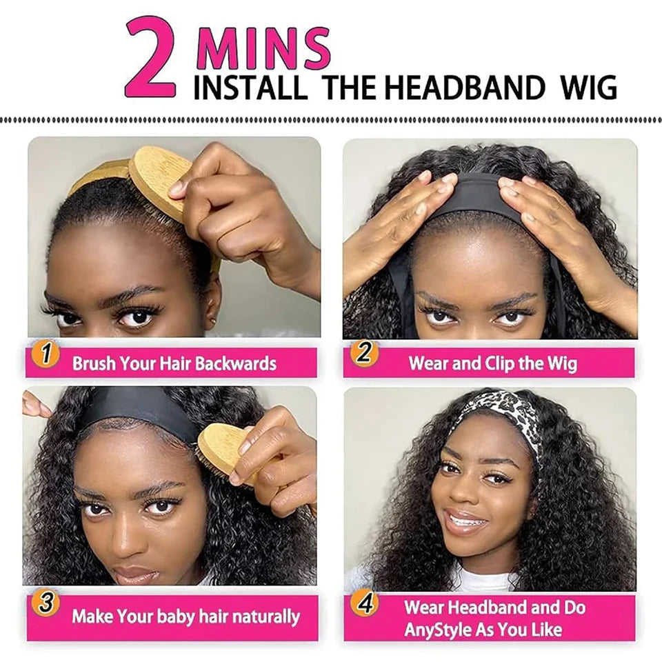 HSF Marketplace kinky curly human hair headband wig for women, 250% density, no-lace wear-and-go style