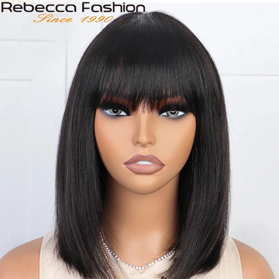 Rebecca Natural Black 99J orange short straight human hair wig with bangs, full machine-made Remy hair, for women.