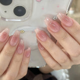 24pcs cute girly short square press-on false nails with white French tips, glitter stars, rhinestones, bows and cat-eye design
