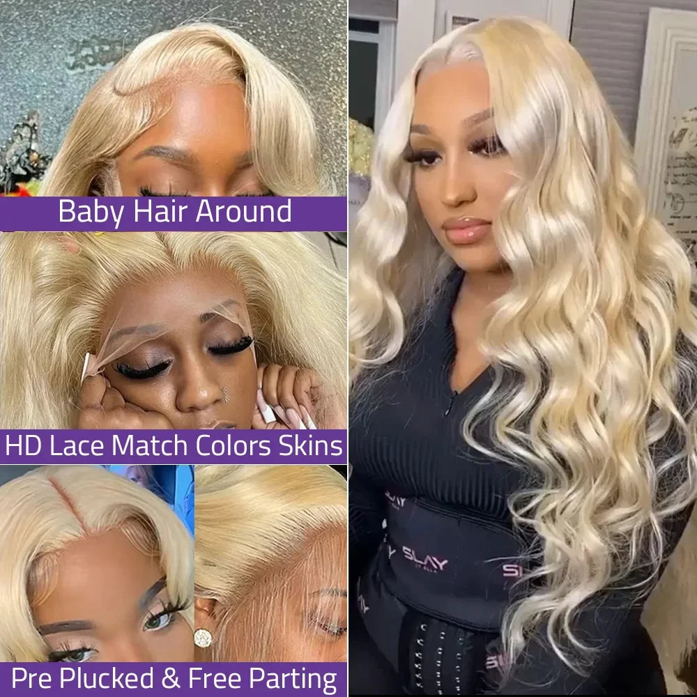 613 blonde body wave 13x6 HD lace frontal human hair wig, 38–40 inches with honey-colored lace closure