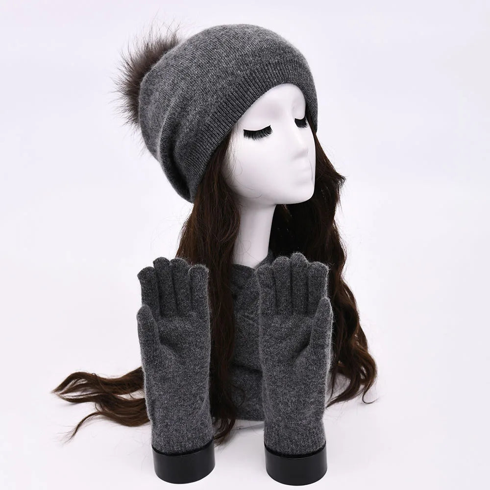 Women's warm cashmere wool winter hat, gloves, and scarf set in a coordinated design