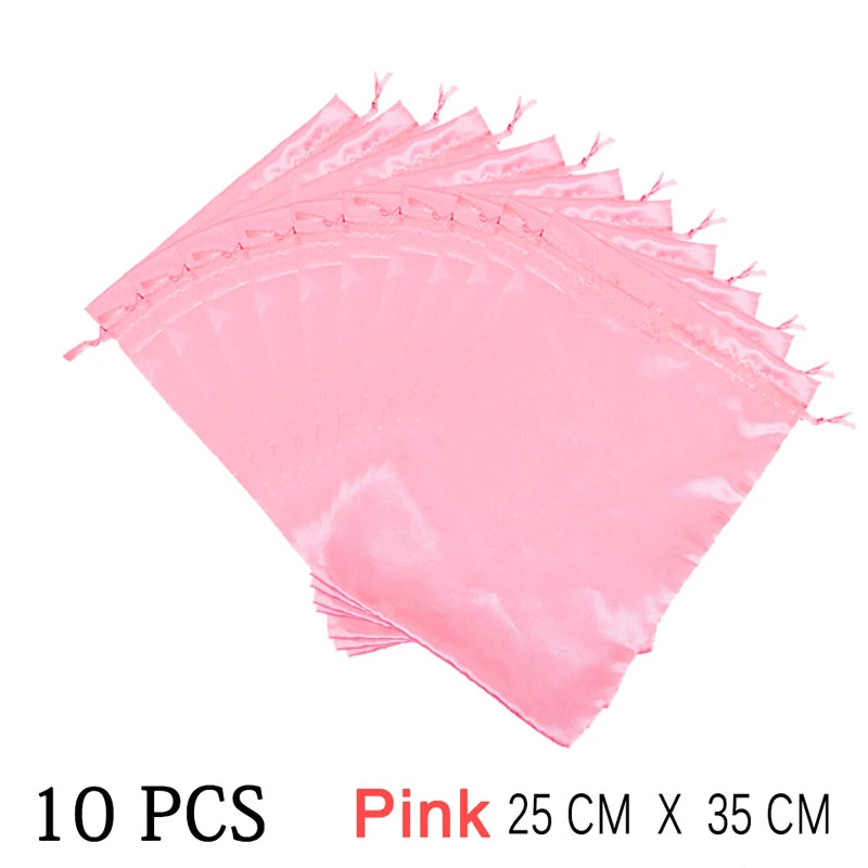 Silk wig storage bags with drawstrings for hair extensions, HSF Marketplace wholesale satin hair bundle packaging and storage.