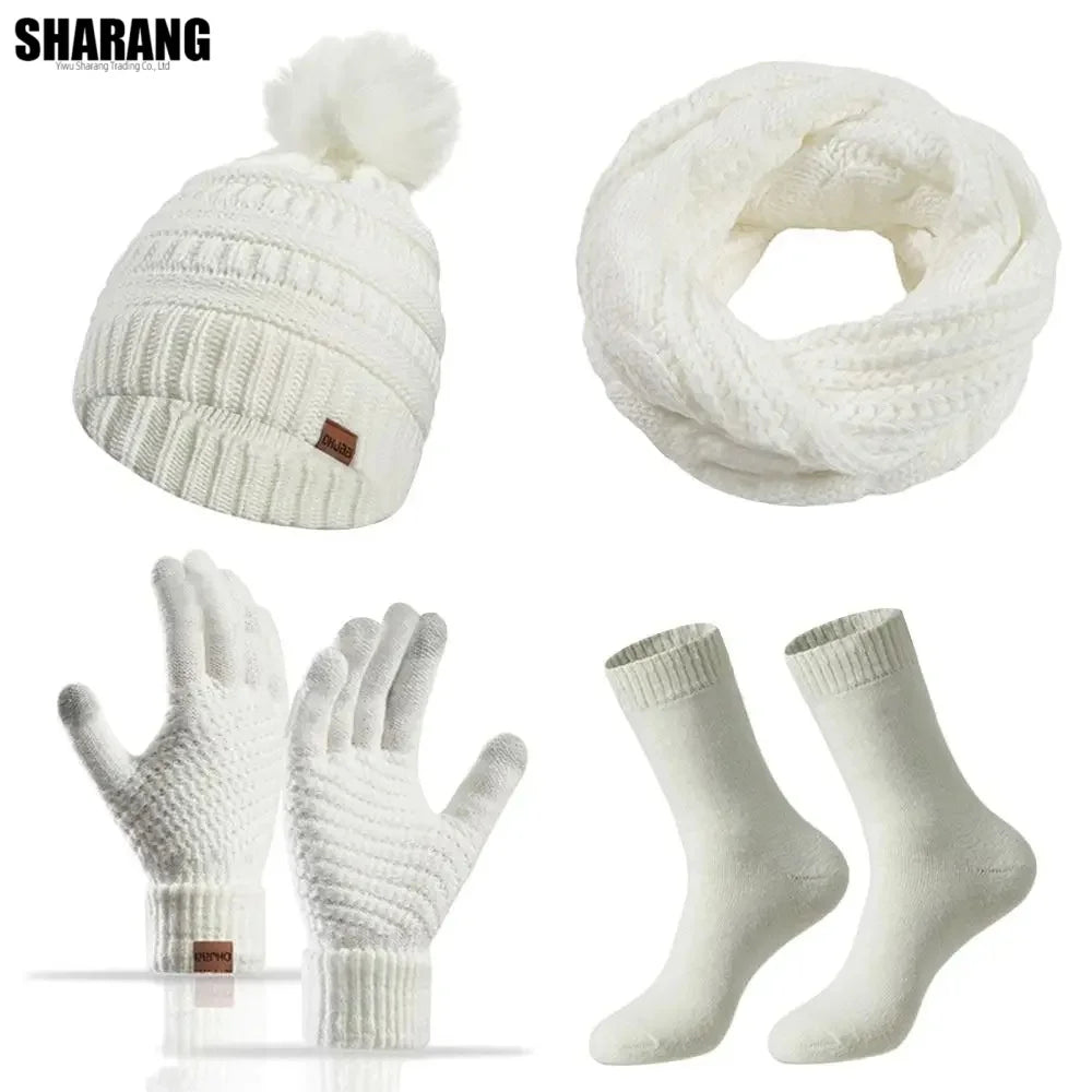 Women’s warm winter hat, scarf, and gloves set in a coordinated design for cold-weather wear