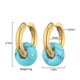 Classic natural stone turquoise round bead hoop earrings with 3mm thick stainless steel ear buckles for women