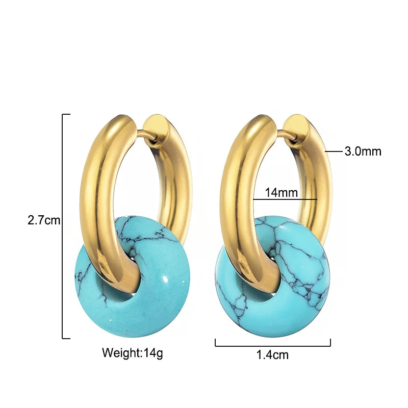 Classic natural stone turquoise round bead hoop earrings with 3mm thick stainless steel ear buckles for women