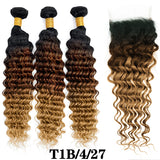 DreamDiana 12A Brazilian Deep Wave 3 Bundles with Closure Ombre Human Hair Bundles with Closure Curly Hair Bundles with Closure