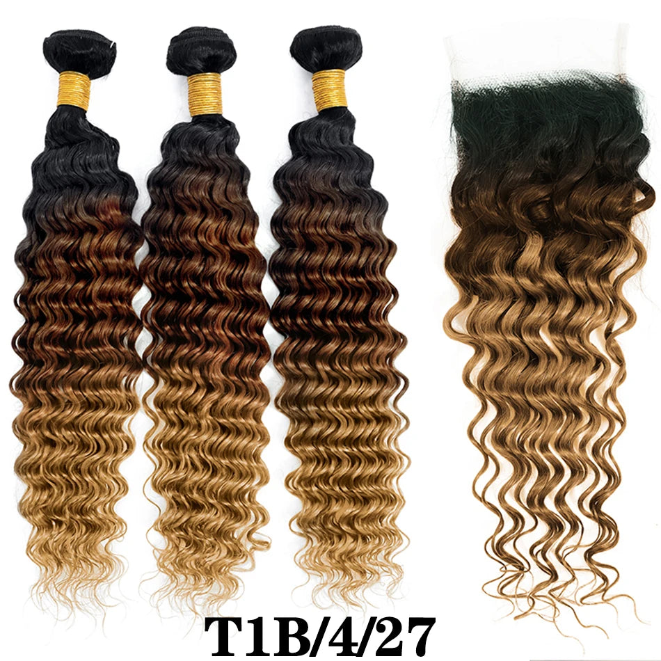 DreamDiana 12A Brazilian Deep Wave 3 Bundles with Closure Ombre Human Hair Bundles with Closure Curly Hair Bundles with Closure
