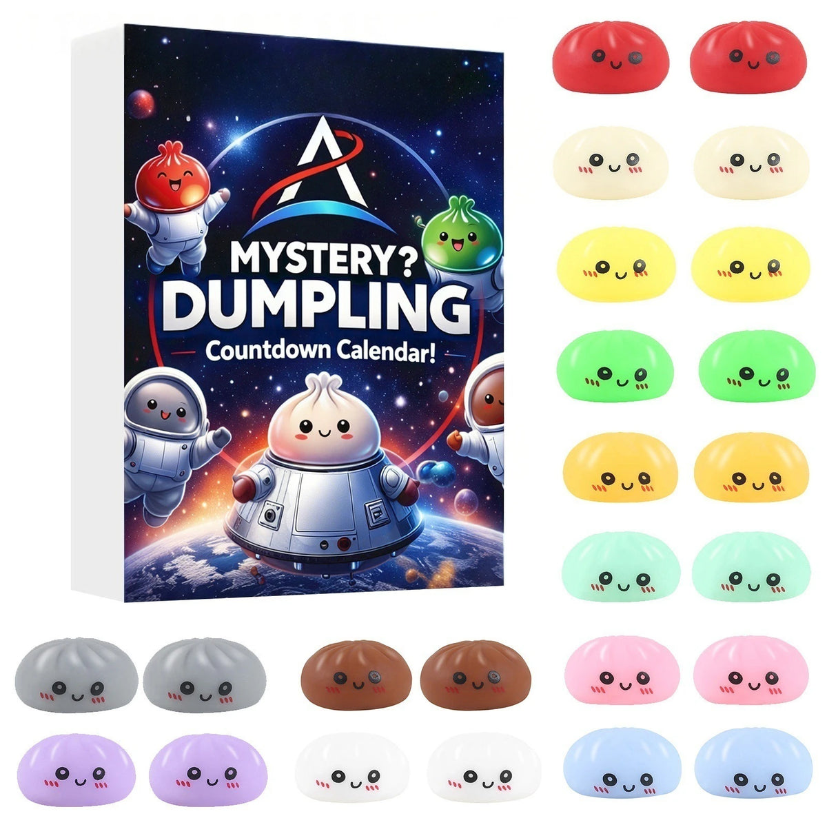 2026 Christmas advent calendar with 24 dumpling-shaped sensory stress-relief toys in individual grid compartments