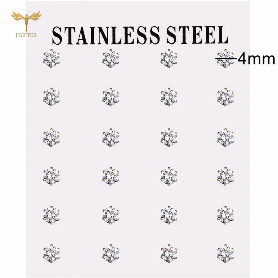 12 pairs white crystal stud earrings set, 2–7mm round and square zircons with golden stainless steel posts