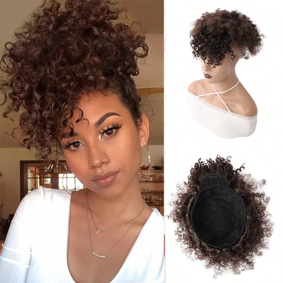 Afro puff drawstring ponytail with bangs, short kinky curly pineapple updo bun for Black women and girls