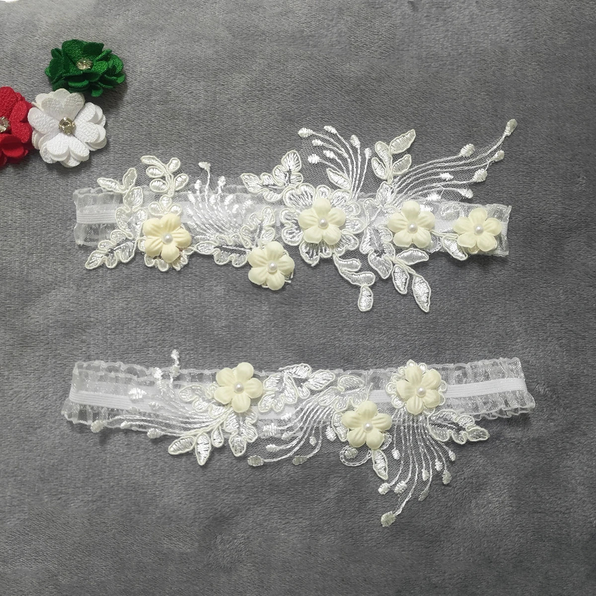 2-piece bridal garter thigh belt with pearl flower embroidery and elastic leg loops for weddings and parties