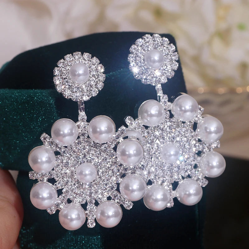 Korean oversized pearl drop earrings with rhinestone flowers for women, HSF Marketplace jewelry