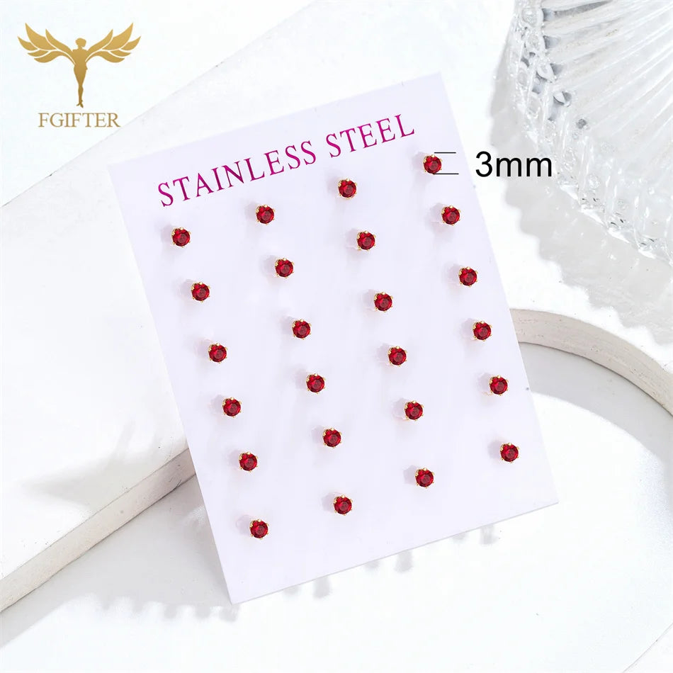 12 pairs of 2–7mm white crystal round and square stud earrings in golden stainless steel by HSF Marketplace