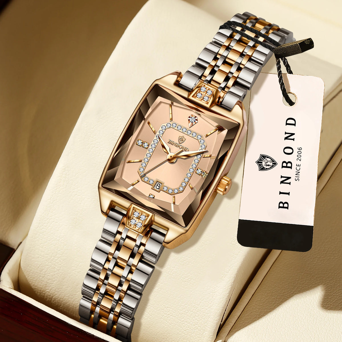 BINBOND Zircon Luxury Reloj Original Waterproof Sturdy Auto Date Women's Watches Ladies Wristwatch Quartz Watch For Women