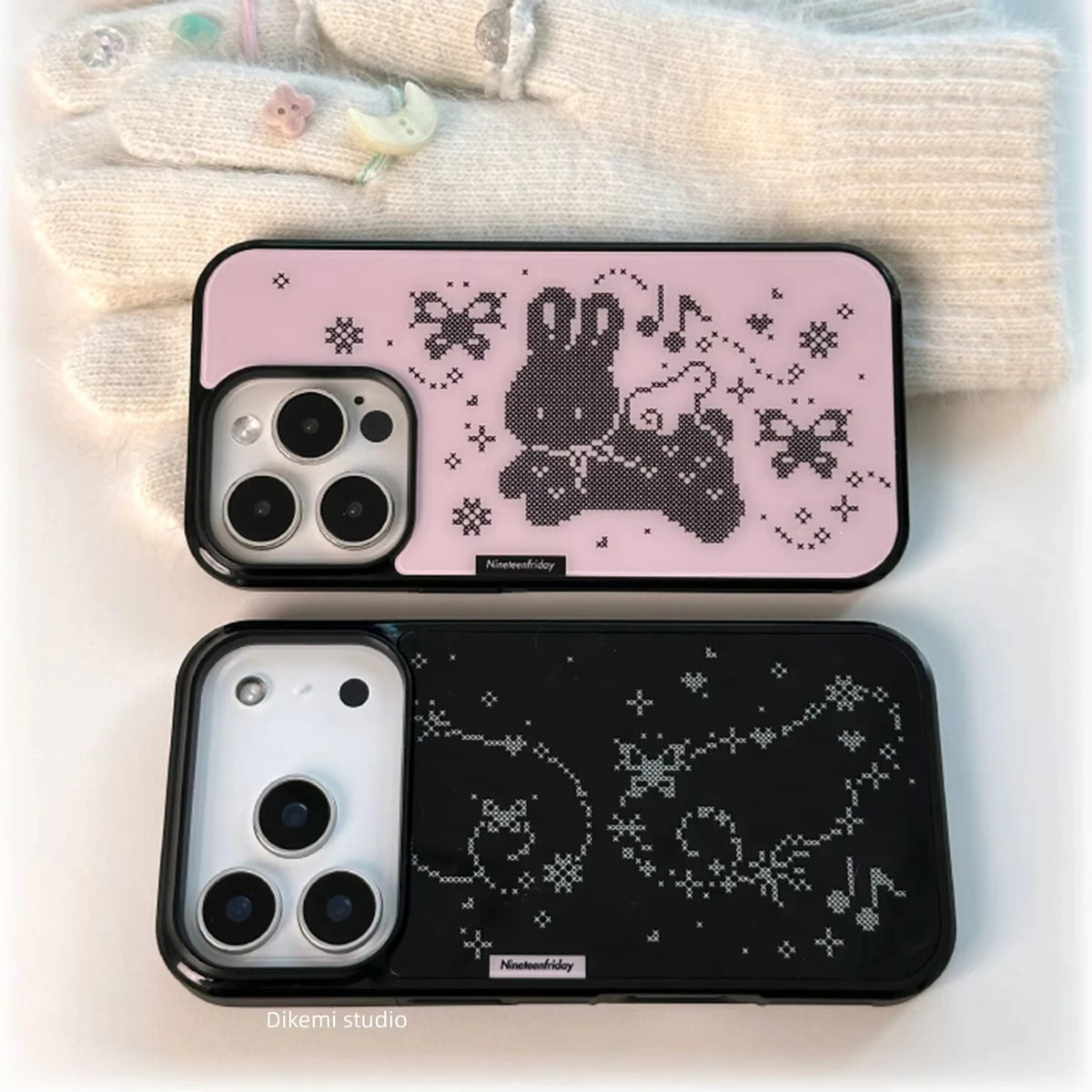 Cute pixel rabbit angel wings phone case for iPhone models, featuring a playful pastel design