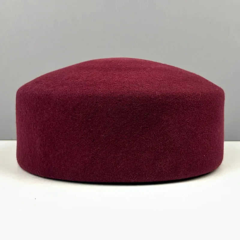 Women's vintage wool felt beret hat with hard concave top, pillbox fascinator style for weddings and parties