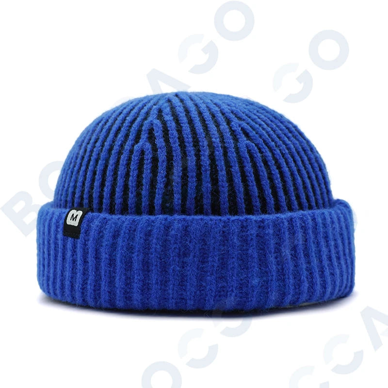 Women's thick striped knitting docker cap beanie with letter label, soft warm vintage retro winter hat