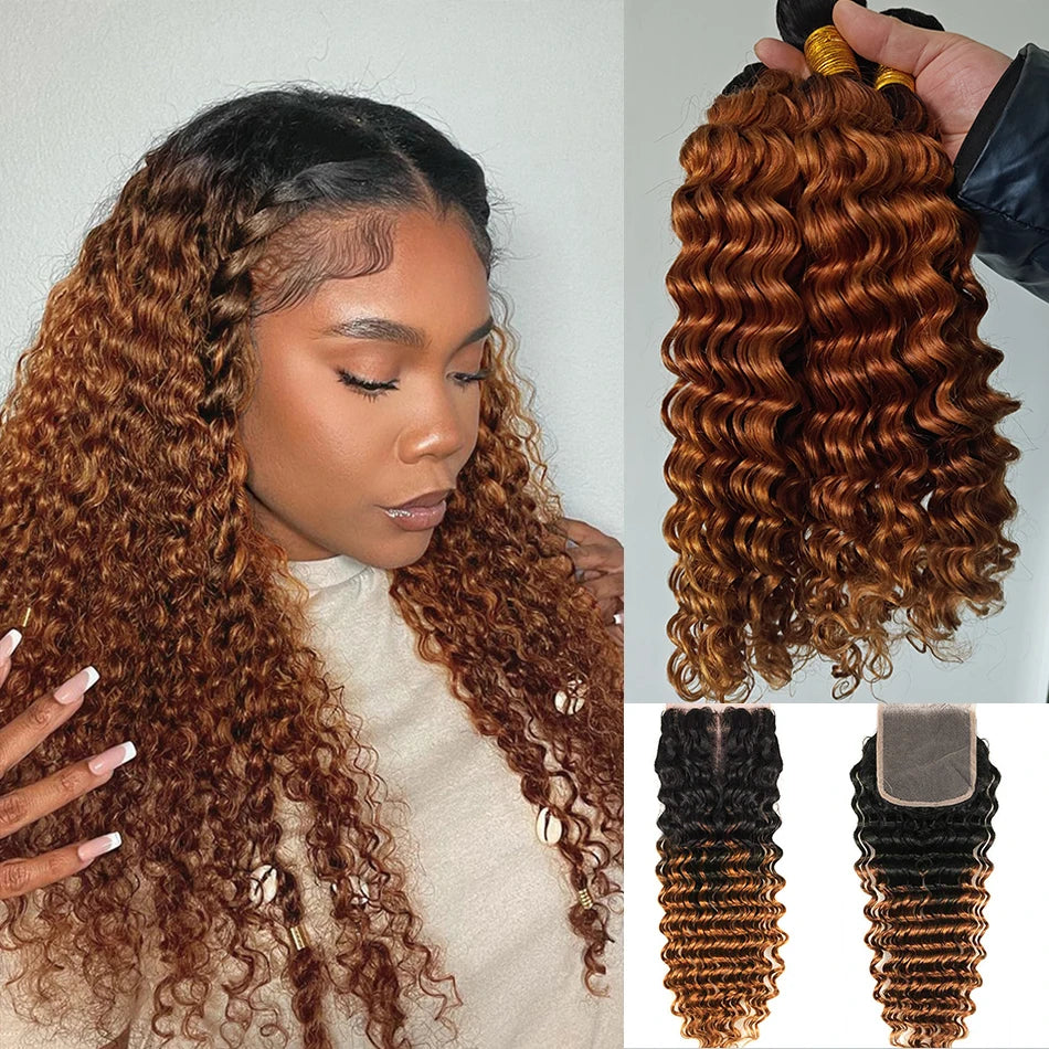 100% Human Hair Bundles With Closure Deep Wave Bundles With 4x4 HD Lace Closure Ombre Wet and Wavy Deep Curly Hair With Closure