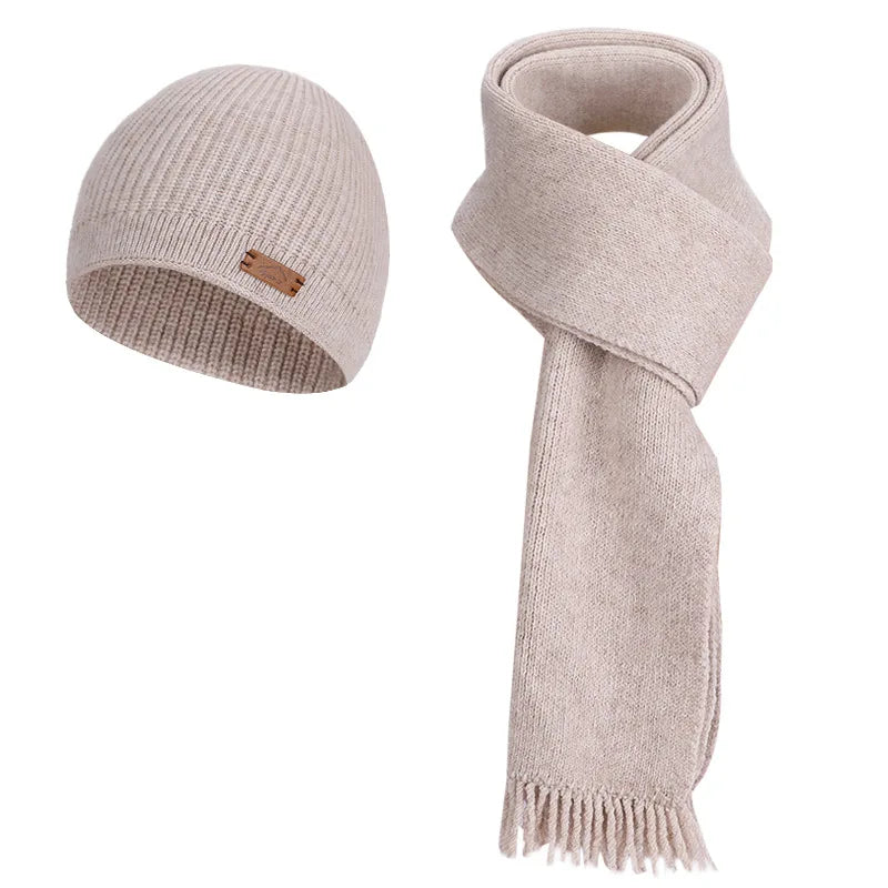 Women's warm woolen hat, scarf and gloves winter set in coordinating neutral tones