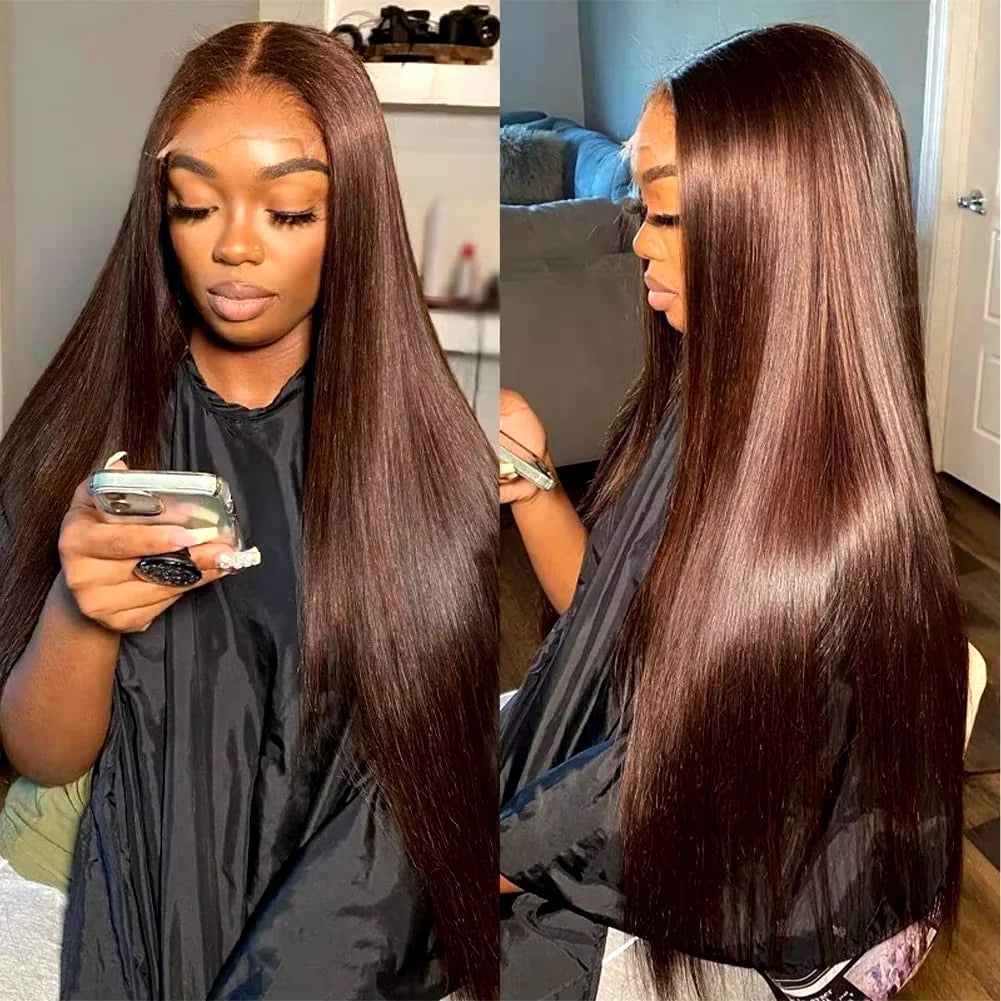 Bone straight chocolate brown 13x6 HD lace frontal wig by HSF Marketplace, Vietnamese Remy virgin human hair, pre-plucked and glueless fit.