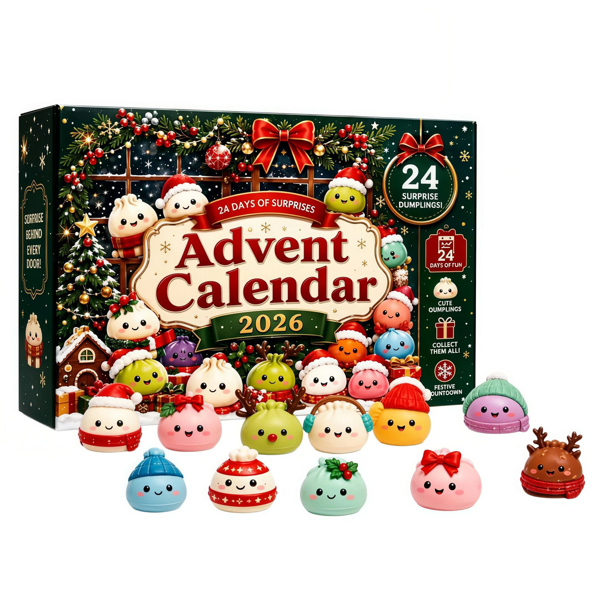 2026 Christmas advent calendar with 24 dumpling squishy sensory toys in a mystery surprise gift box