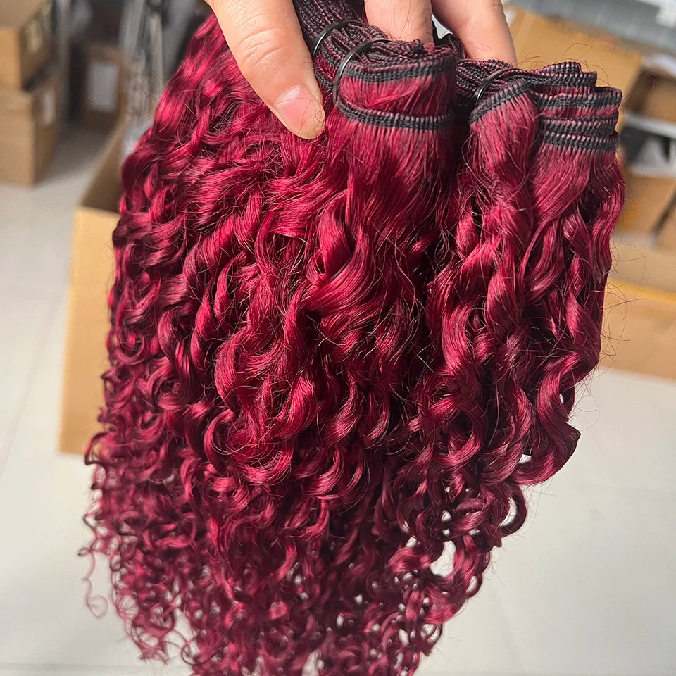 Pixie Curly Bundles with Closure 99J Burgundy Bundle with 4x4 Closure Brazilian Unprocessed Human Hair Weave Bundle with Closure
