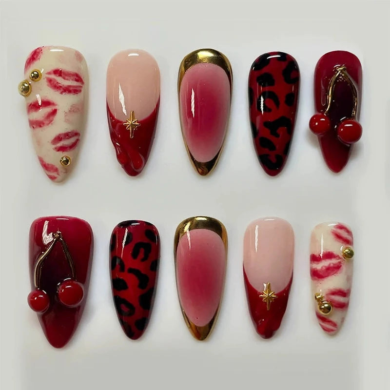 24-piece pink flower almond press-on false nails with kawaii design and wearable stick-on finish