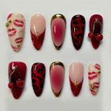 24-piece pink flower almond press-on false nails with kawaii design and wearable stick-on finish