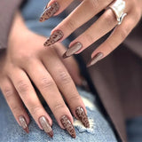 24-piece brown leopard print cat’s eye almond false nails with autumn winter design and full round press-on tips