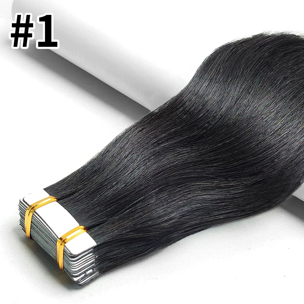 Straight seamless tape-in Remy human hair extensions, 20-piece natural black skin weft by HSF Marketplace