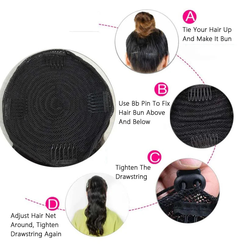 Natural black body wave human hair drawstring ponytail extension, wrap-around clip-in, 16–26 inches