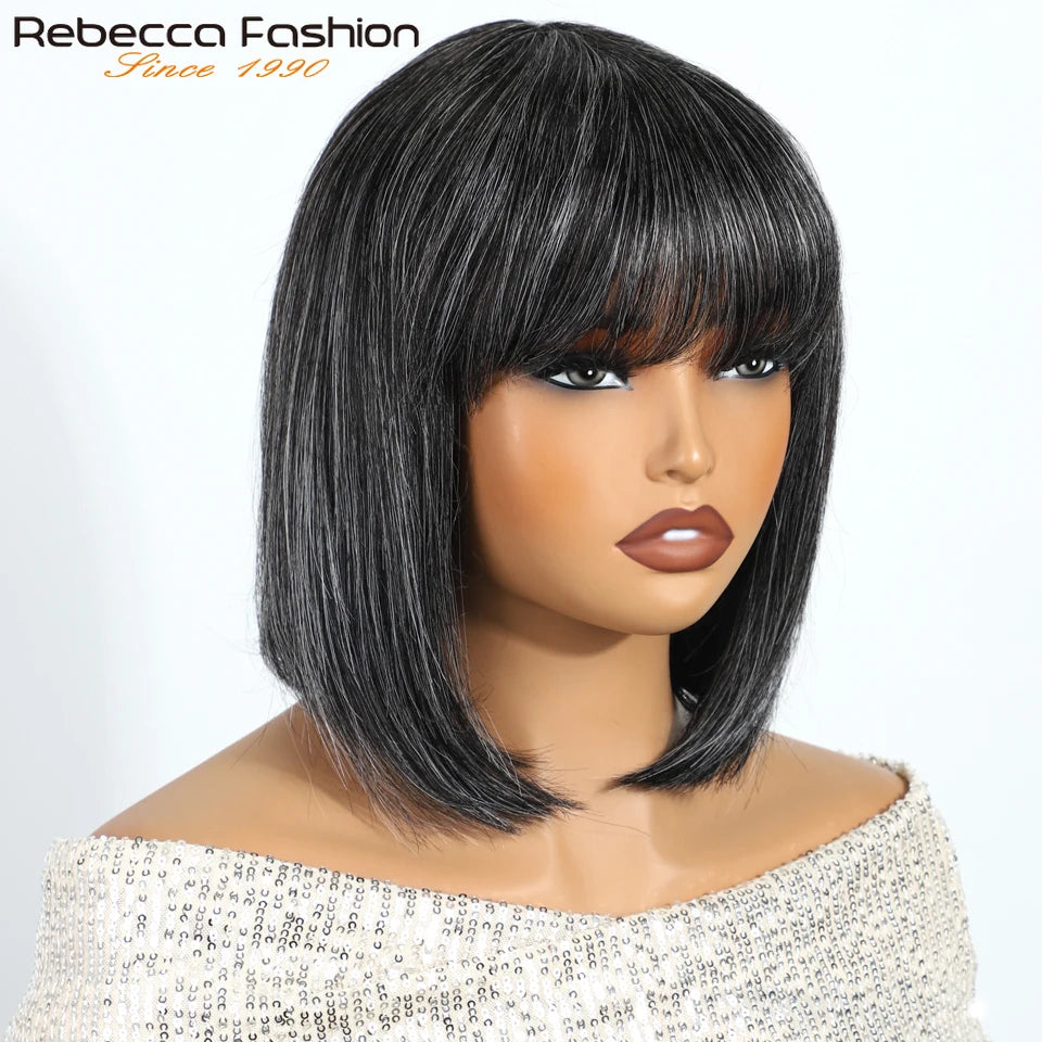 Rebecca Gray salt and pepper short straight human hair bob wig for women, 10-inch Brazilian Remy hair, full machine-made style.