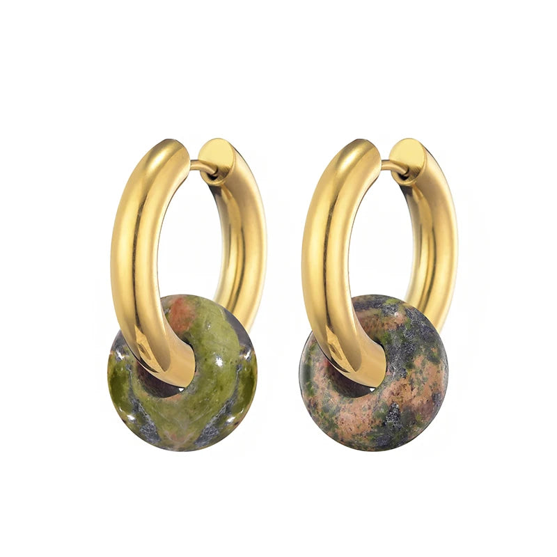 Classic fashion natural stone turquoise round bead hoop earrings, 3mm thick stainless steel jewelry