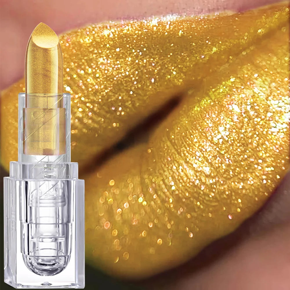 Gold metallic glitter lipstick in a transparent square tube, sparkling shiny lips for Halloween, cosplay, and stage makeup.