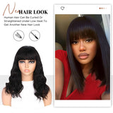 Natural wavy human hair wig with bangs, loose waves, and curly texture, Brazilian Remy human hair, suitable for daily wear.