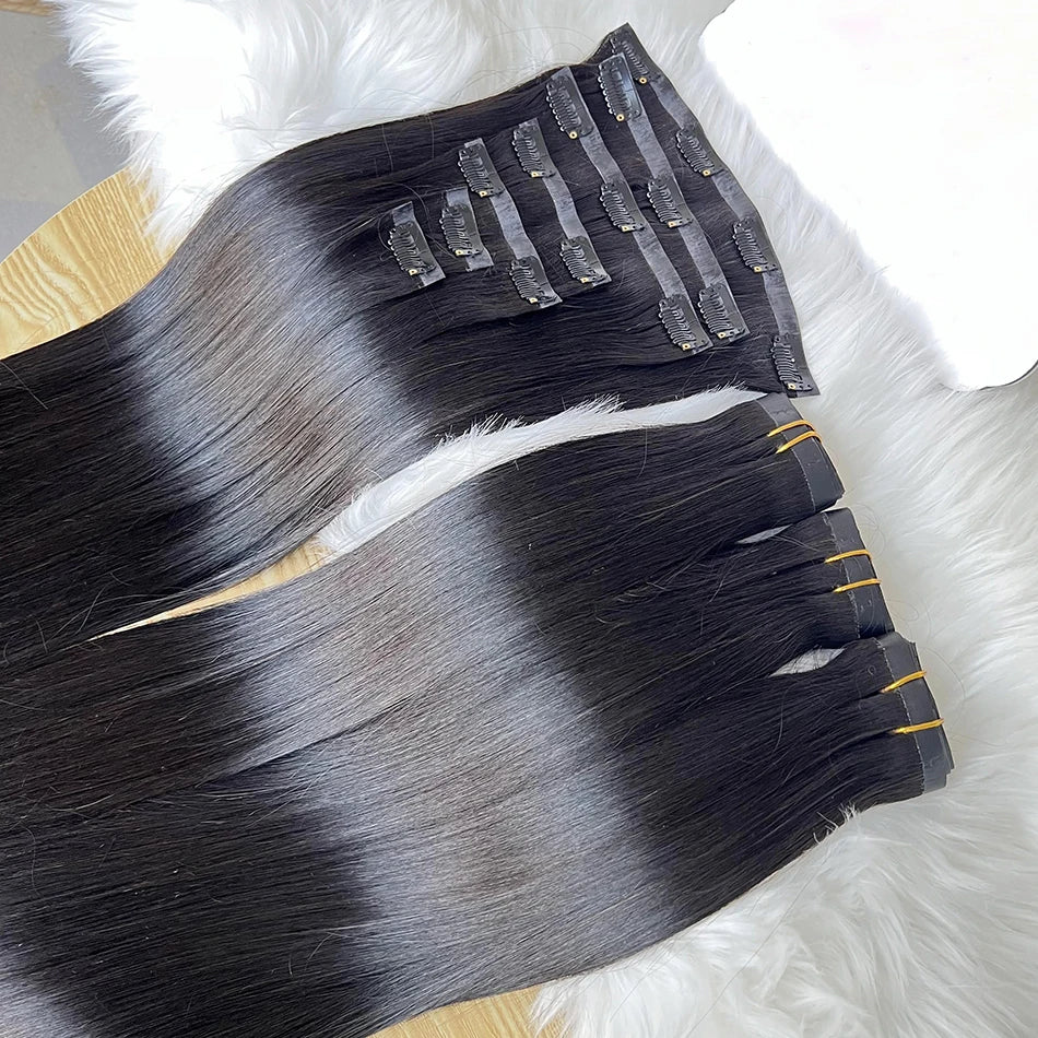#1B natural straight human hair clip-in extensions, 100g 7-piece set with seamless clips and invisible PU weft