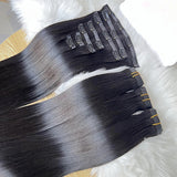 #1B natural straight human hair clip-in extensions, 100g 7-piece set with seamless clips and invisible PU weft