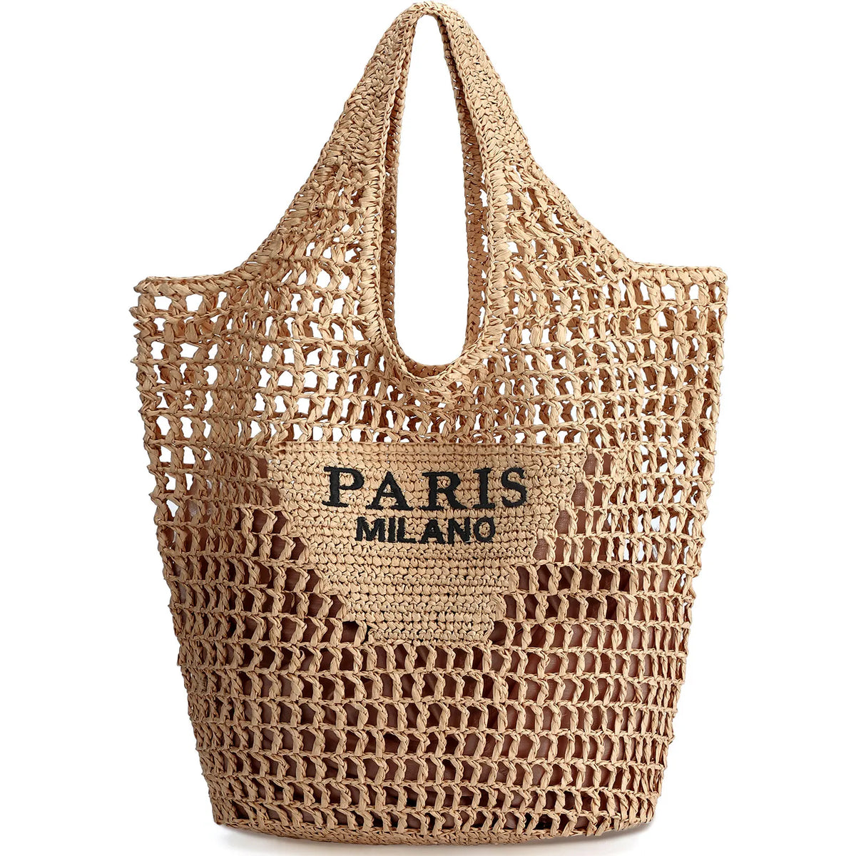 Handmade straw beach tote bag for women with woven design, summer mesh hollow shoulder bag ideal for holiday and beach outings.