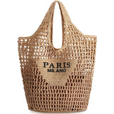 Handmade straw beach tote bag for women with woven design, summer mesh hollow shoulder bag ideal for holiday and beach outings.