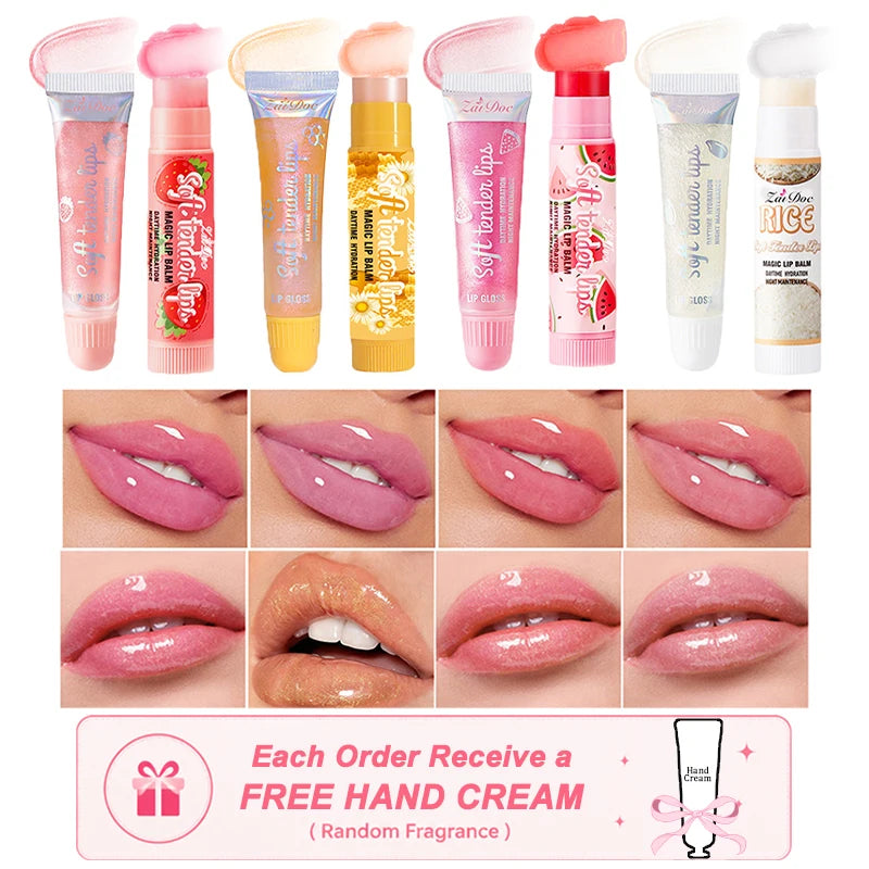 Set of four HSF Marketplace ZaiDoc fruity flavored lip balms with tinted gloss and shiny finish, nourishing lip care in 7g tubes.