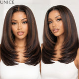 Straight layered bob human hair wig with warm brown highlights by HSF Marketplace