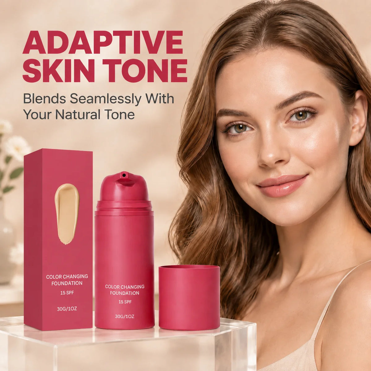 Color-changing adaptive skin tone foundation liquid makeup with lightweight, hydrating natural finish by HSF Marketplace