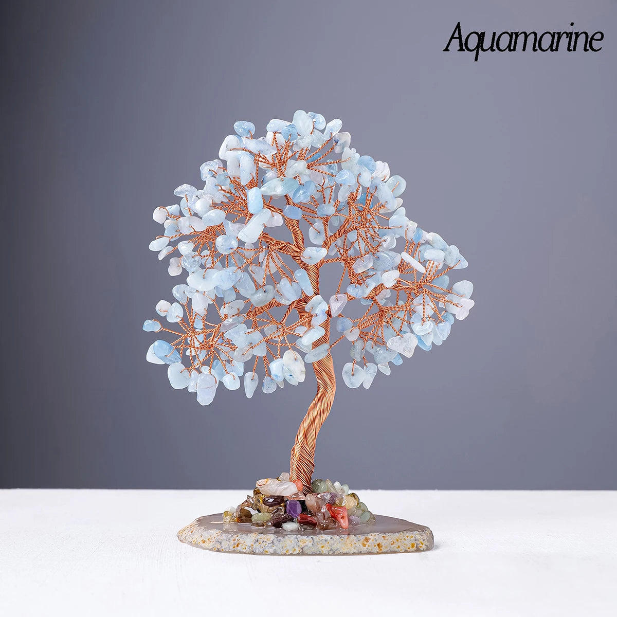 1PC Natural Crystal Lucky Tree Copper Wire Winding Colorful Gravel With Agate Slice Base Home Decoration Money Trees