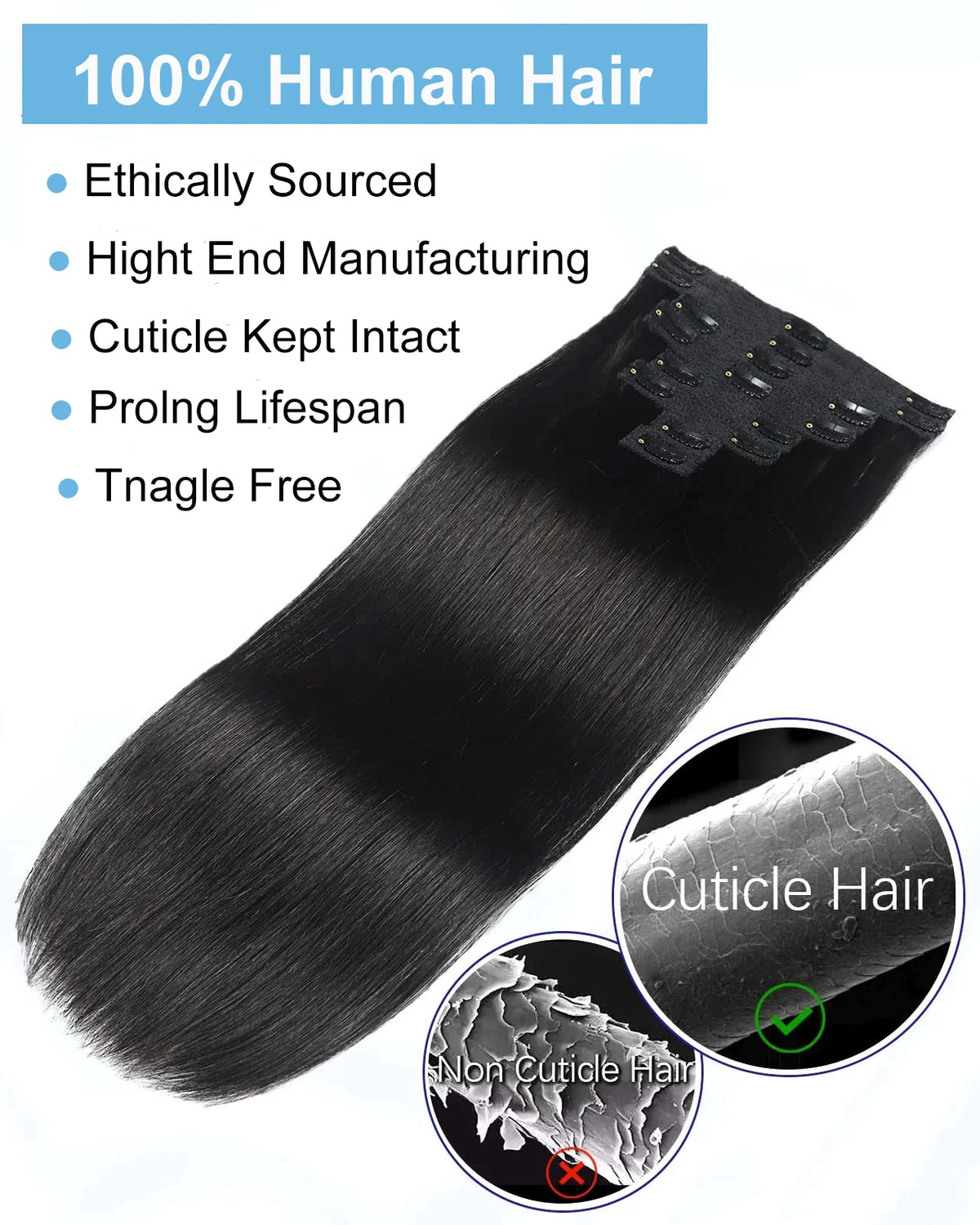 8-piece natural black Remy human hair clip-in extensions with 18 clips for a full-head style