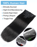 8-piece natural black Remy human hair clip-in extensions with 18 clips for a full-head style