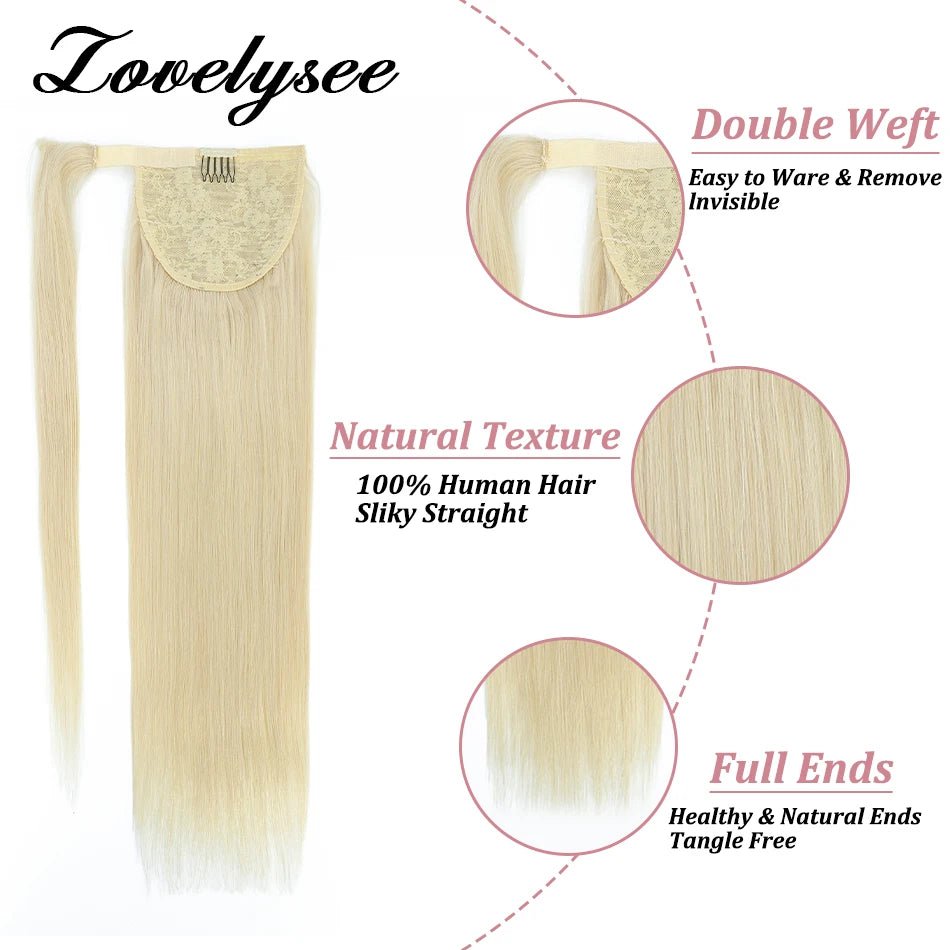 Straight Brazilian Remy human hair wrap-around clip-in ponytail extension, 200 grams, 18–28 inches