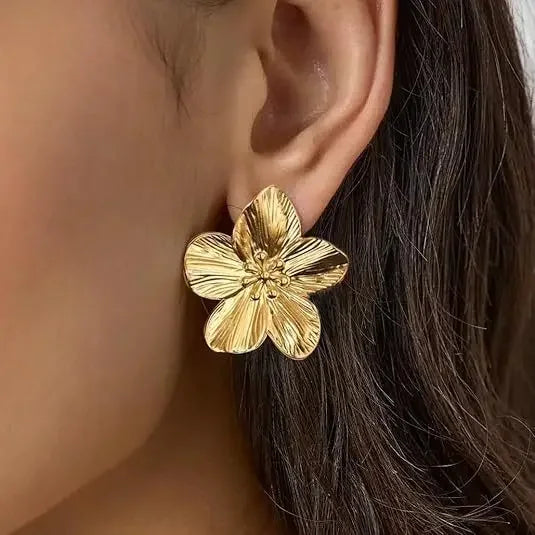 Stainless steel golden double-layer hollow flower hoop earring by HSF Marketplace for women