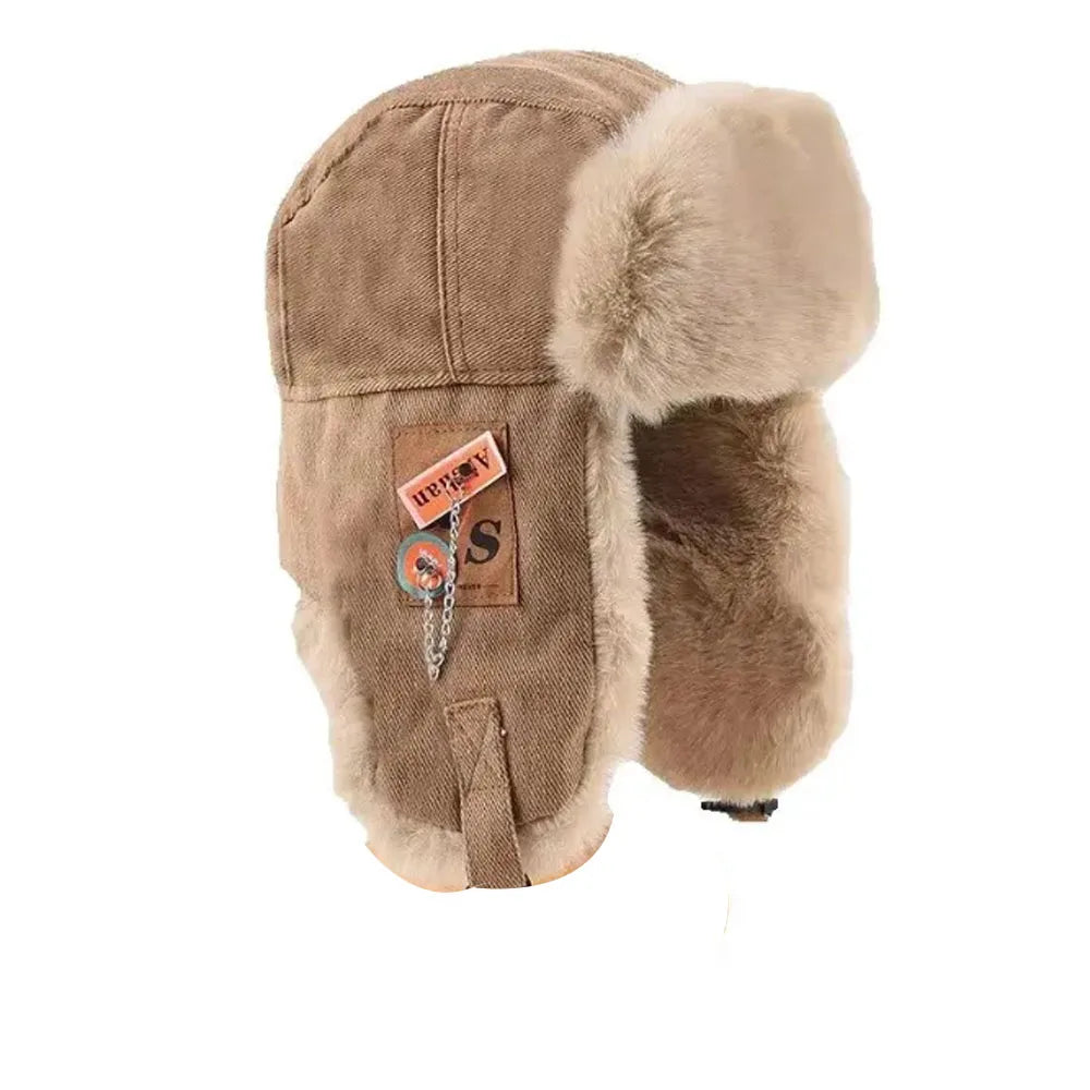 Black and grey HSF Marketplace Russian ushanka bomber hat with thick fur, earflaps, and warm winter design