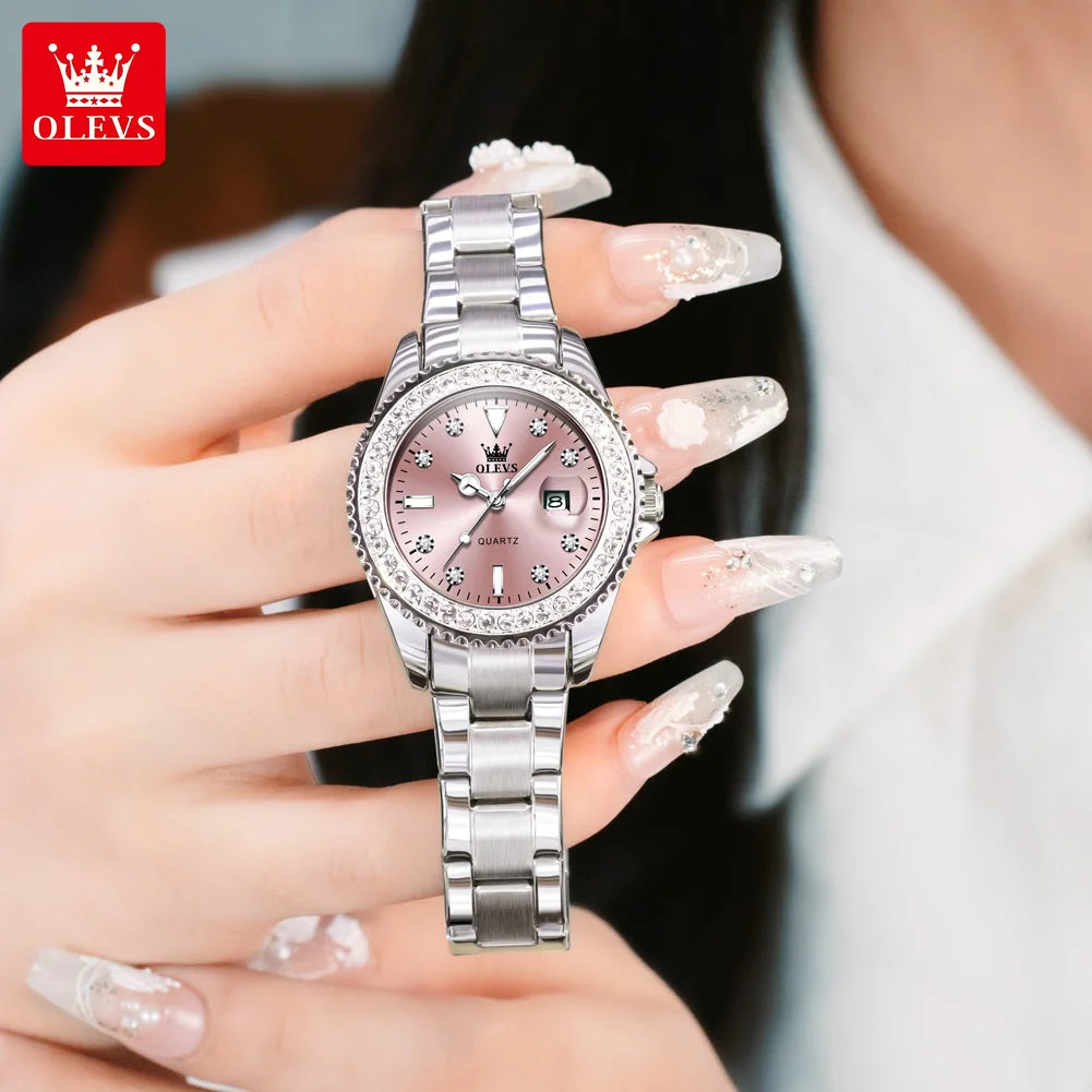OLEVS 9945 Luxury Women Original Quartz Movement Watch Diamond Scale Stainless Steel Bracelet Luminous Function 30M Waterproof Watch